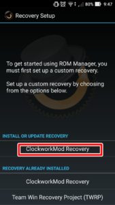 ClockworkMod Recovery in the first modal window that opens 